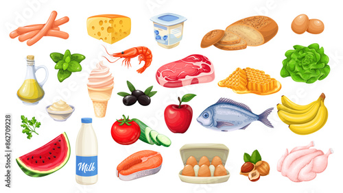 Grocery food and drink cartoon set. Meat and fish slices, fresh organic fruit and vegetables, milk and yogurt bottles for healthy nutrition. Cartoon food products for cooking meal vector illustration