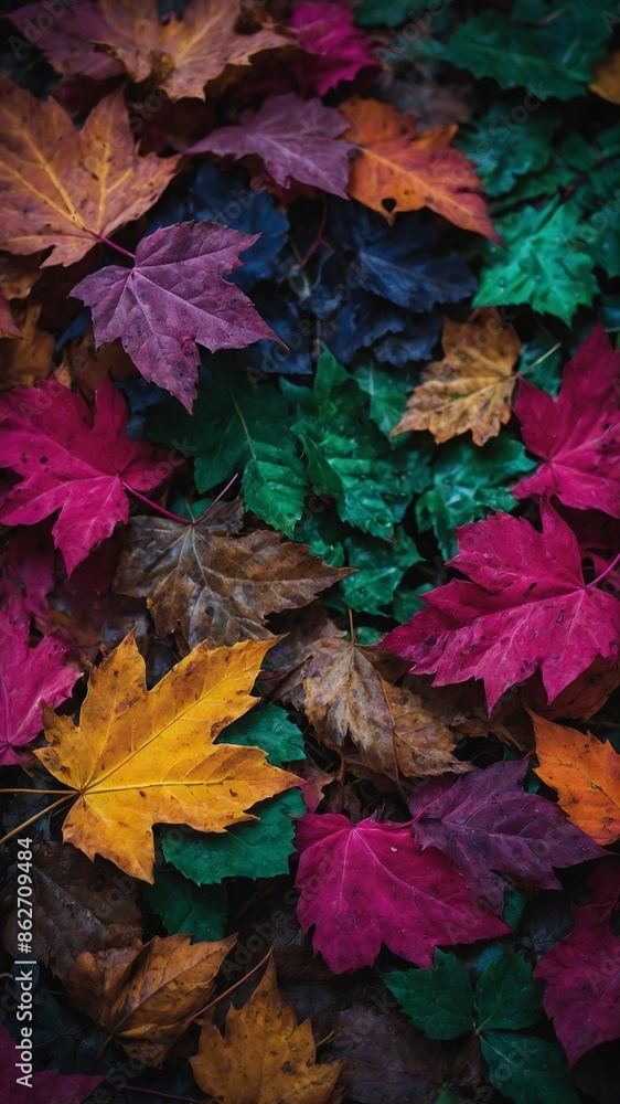 Obraz premium Vibrant collection of autumn leaves scattered on ground. Leaves display variety of colors, including shades of red, yellow, orange, green, brown, creating rich tapestry of fall foliage.