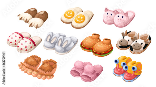 Cute slippers set, cartoon home footwear for adults and kids. Funny cozy shoes with with rabbit ears and animal paw, snail and cow faces. Pajama party mascot, cartoon slippers vector illustration