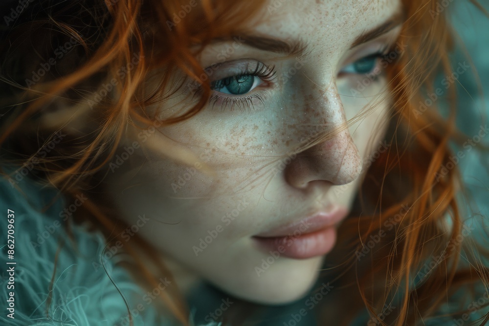A close-up of a red-haired woman with freckles and wind-swept hair, looking thoughtful and introspective in a calm, natural setting that highlights her serene beauty and elegance. A close-up of a red-haired woman with freckles and wind-swept hair, looking thoughtful and introspective in a calm, natural setting that highlights her serene beauty and elegance.