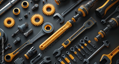Yellow And Black Tools On A Dark Surface