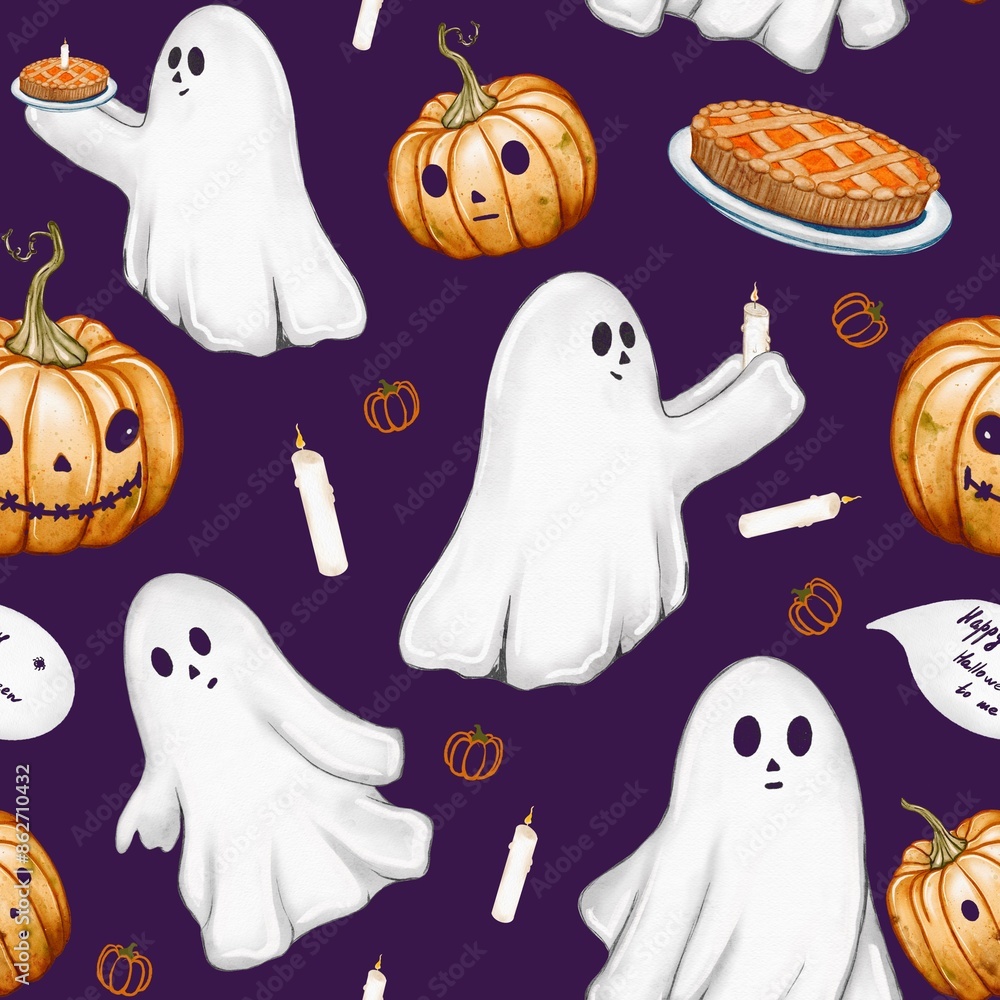 Seamless pattern for Halloween with ghost and pumpkin on dark background Seamless pattern for Halloween with ghost and pumpkin on dark background