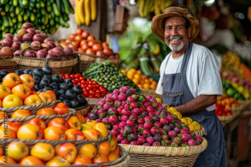 A market scene with a variety of colorful fruits and vegetables displayed in wicker baskets, with a cheerful vendor in the background.  © Nico