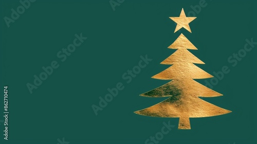 A stylish Christmas card with a minimalist design, featuring a gold foil star atop a simple tree outline on a matte emerald green background.