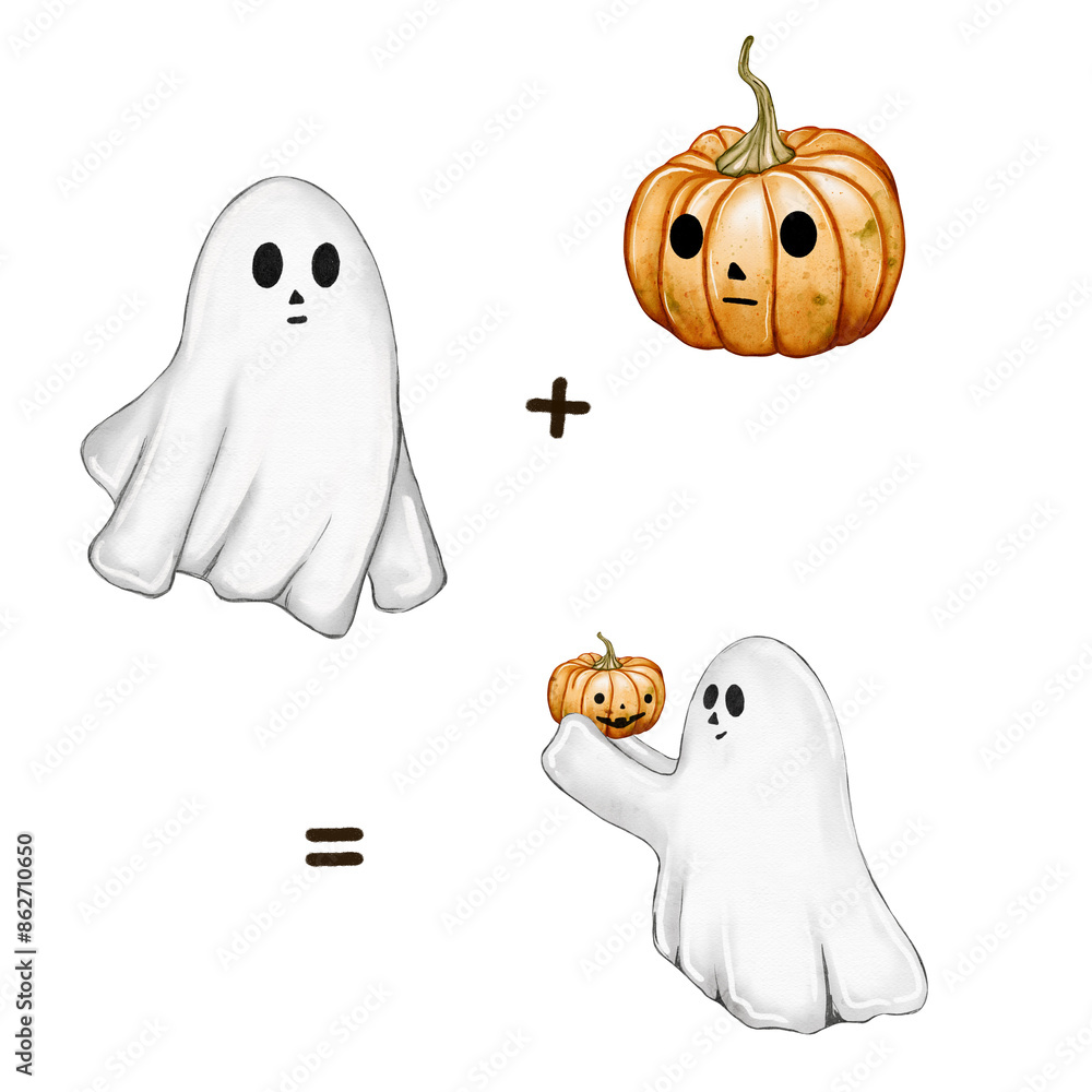 Cute illustration for Halloween with ghost and pumpkin Cute illustration for Halloween with ghost and pumpkin