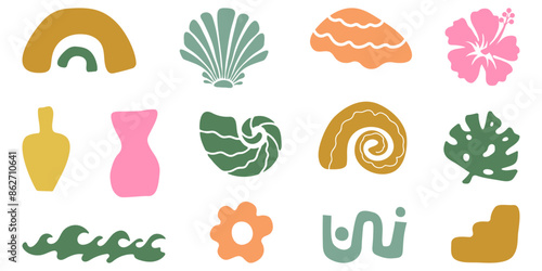 Retro Groovy Surf Club in trendy Boho style. Naive Geometric Summer Palm Tree. Simple background of sun sea. Retro Summer Beach Hand Drawn isolated illustration. Vintage Surf Club. Vector illustration