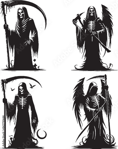 grim reaper silhouette vector style design set black color . white color background