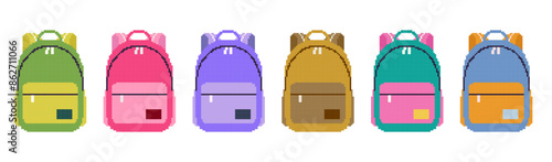 Set of childish school backpacks Pixel art style.Transparent backdop