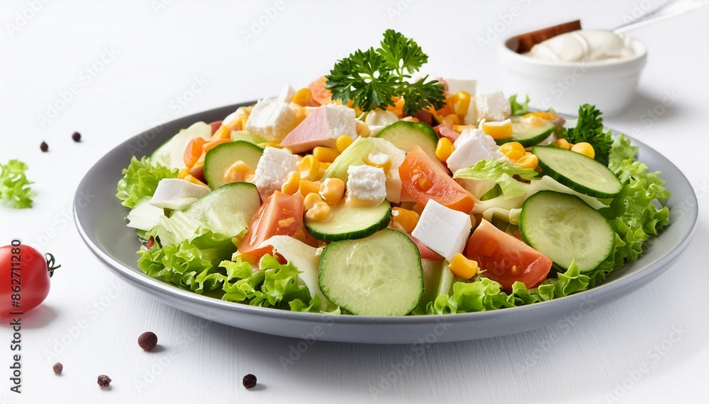 a salad with iceberg lettuce, corn, carrots, zucchini, tomato, cucumber, Gouda cheese, cooked ham, parsley on a white background a salad with iceberg lettuce, corn, carrots, zucchini, tomato, cucumber, Gouda cheese, cooked ham, parsley on a white background