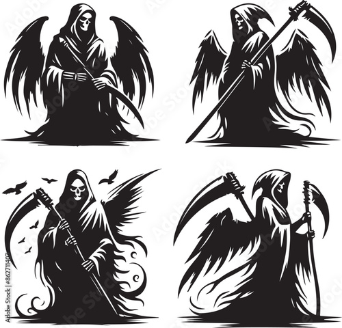grim reaper silhouette vector style design set black color . white color background