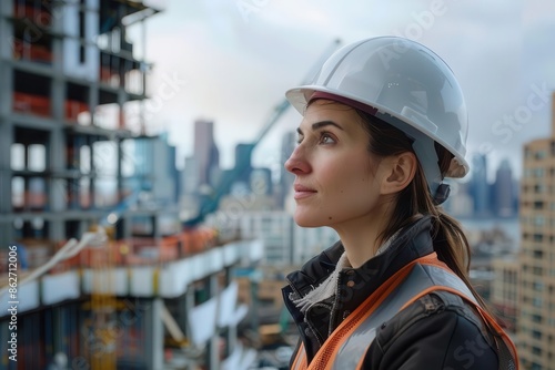 female construction worker in hard hat surveying modern building site confident pose urban skyline background empowering image of women in traditionally maledominated field © furyon
