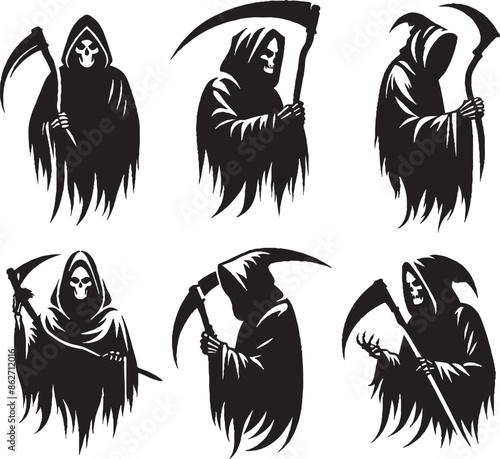 grim reaper silhouette vector style design set black color . white color background