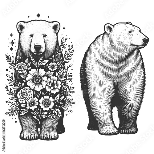two polar bears with flowers and realistic, showcasing a blend of nature and artistry sketch engraving generative ai vector illustration. Scratch board imitation. Black and white image.