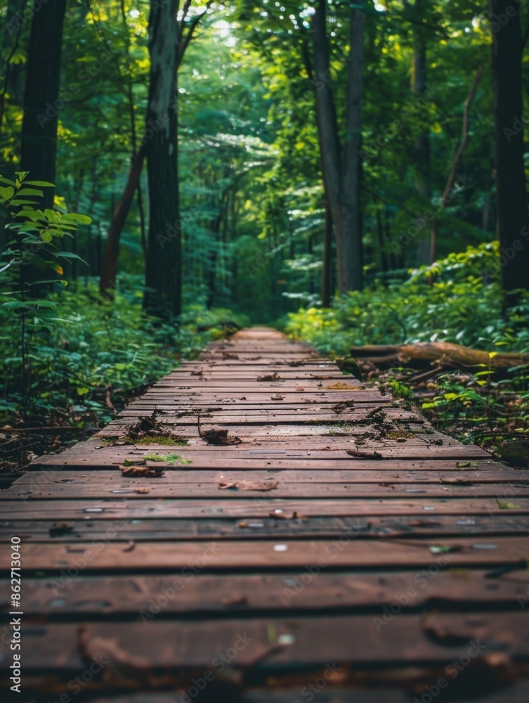 A wooden bridge in a forest with leaves on the ground A wooden bridge in a forest with leaves on the ground