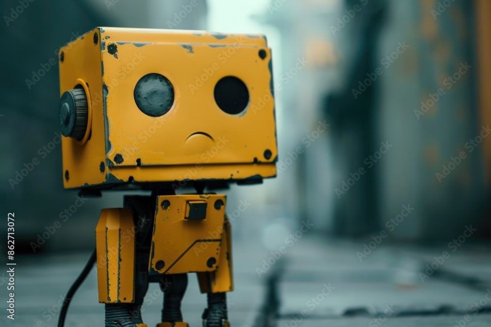 A yellow robot is standing on a sidewalk. The robot has a sad expression on its face. The scene is set in a city, with a street in the background A yellow robot is standing on a sidewalk. The robot has a sad expression on its face. The scene is set in a city, with a street in the background