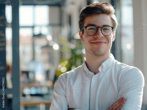 A man wearing glasses and a white shirt is smiling and posing for a picture. Concept of confidence and positivity