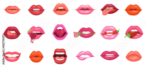 Lips collection. Vector illustration of sexy woman's lips expressing different emotions set