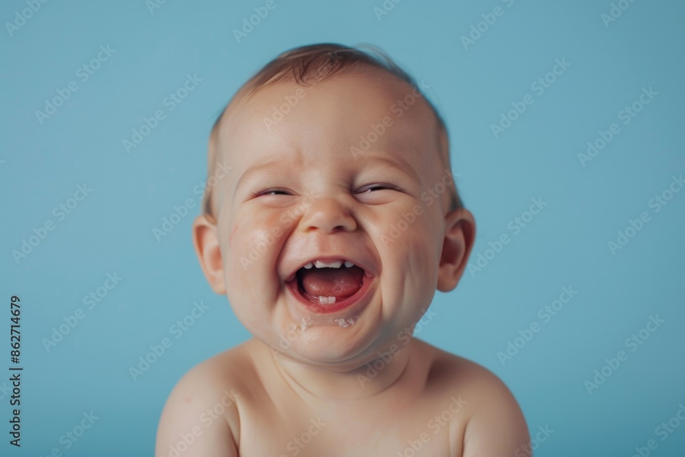 A baby is smiling and laughing, with his mouth open. The baby is wearing only his diaper, and his face is the only visible part of his body. Concept of joy and innocence A baby is smiling and laughing, with his mouth open. The baby is wearing only his diaper, and his face is the only visible part of his body. Concept of joy and innocence