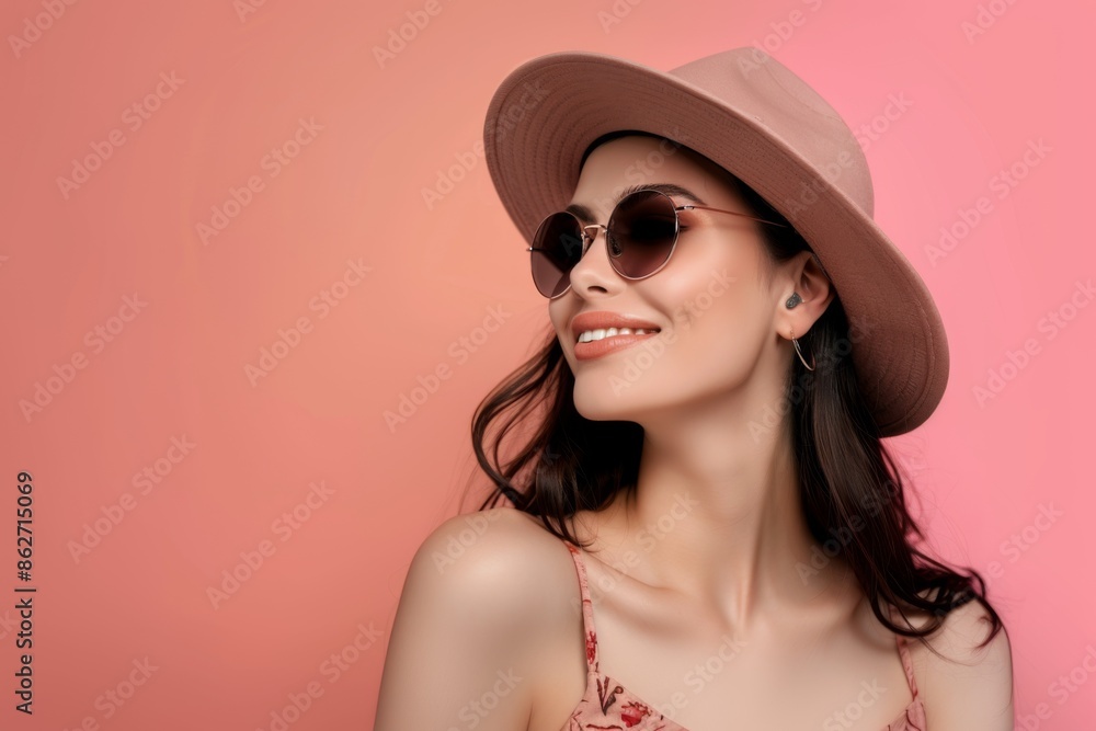 A beautiful young woman in a hat and sunglasses, smiling and looking away, standing out against a pastel pink background. A beautiful young woman in a hat and sunglasses, smiling and looking away, standing out against a pastel pink background.