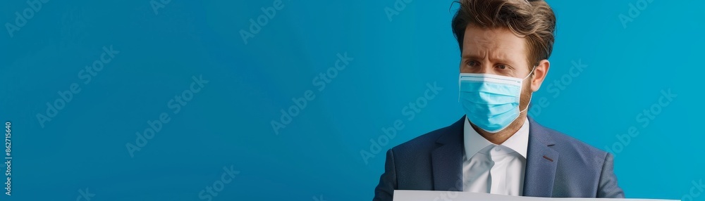 portrait of a businessman wearing a medical face mask against a blue background. portrait of a businessman wearing a medical face mask against a blue background.