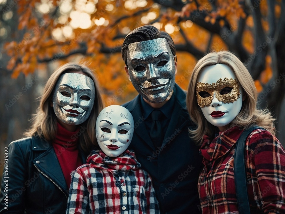 Family wearing scary, white, horror mask Family wearing scary, white, horror mask