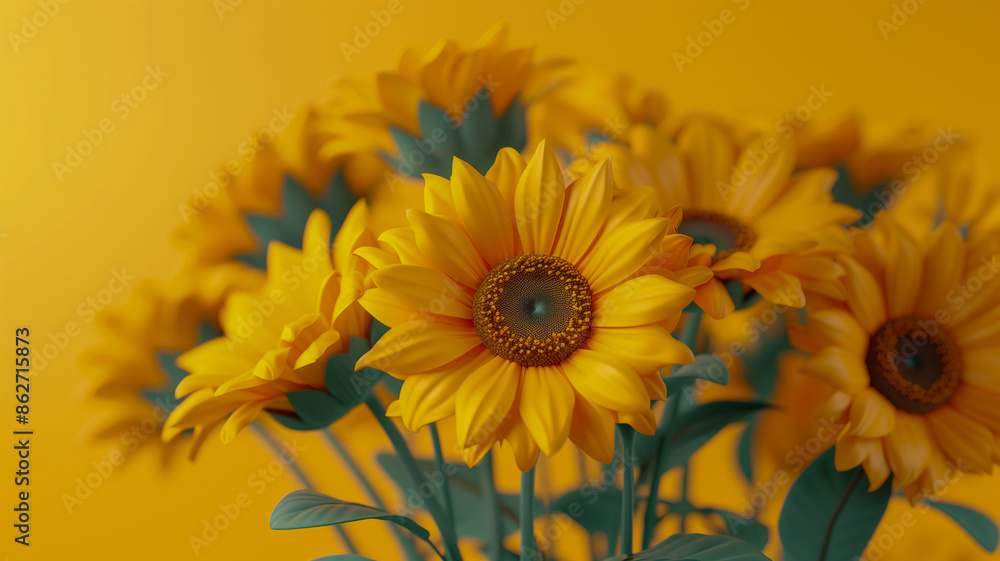 Obraz premium A close-up of bright sunflowers with a warm yellow backdrop