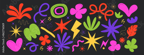 Vector set of abstract geometric shapes, flower leaves, stars and heart forms. Collection of hand drawn trendy simple figures, organic matisse design elements. Colorful natural freeform doodle objects