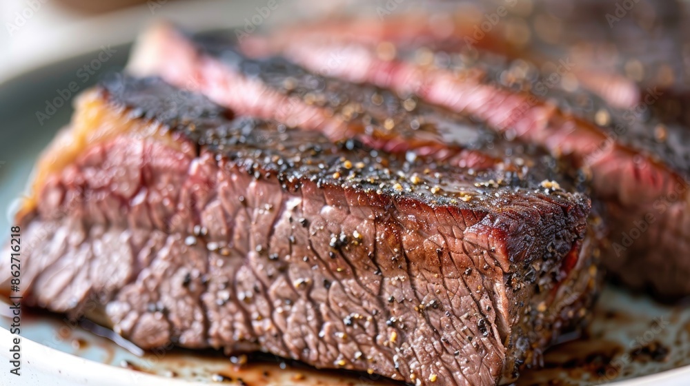 Roasted beef brisket steak on a plate viewed up close Roasted beef brisket steak on a plate viewed up close