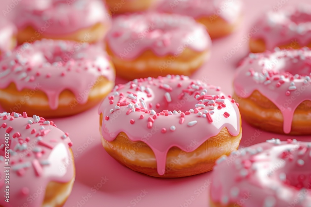 A row of pink frosted donuts with sprinkles on top. The donuts are arranged in a row and are all the same color A row of pink frosted donuts with sprinkles on top. The donuts are arranged in a row and are all the same color