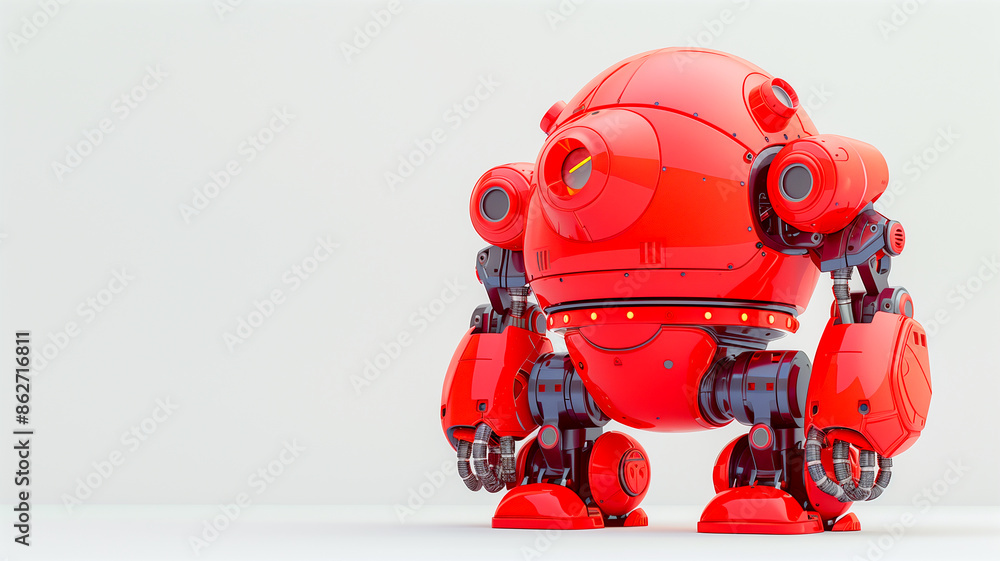 A red robot stands poised, its design signaling advanced technology. A red robot stands poised, its design signaling advanced technology.