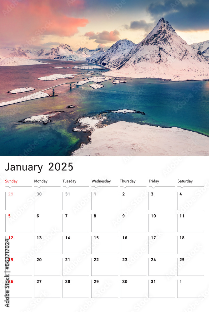 Set of vertical flip calendars with wonderful landscapes. January 2025. Amazing view of Lofoten Islands. Colorful winter sunrise on Fredvang bridge and Volandstind peak on backgroundNorway, Europe.