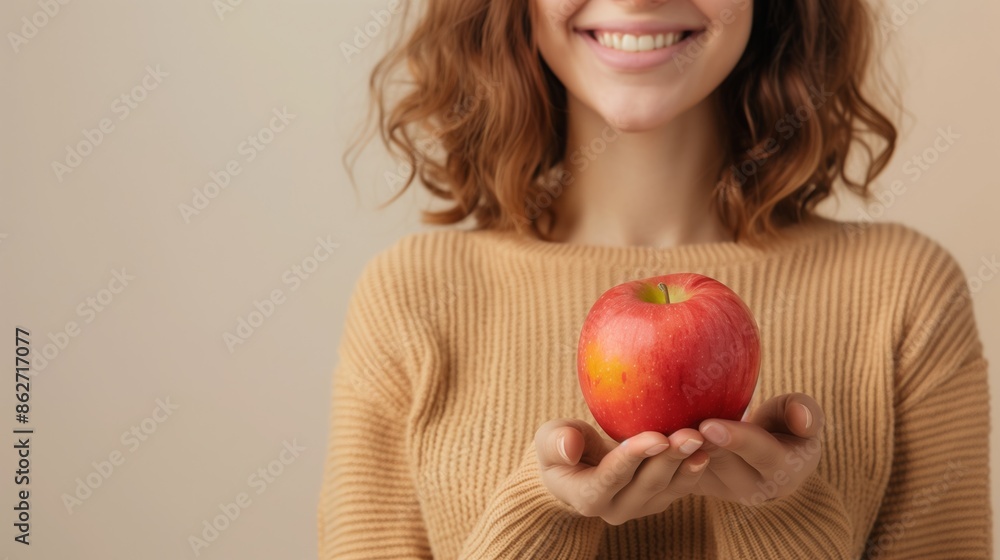 A happy woman holds a fresh red apple in her hands A happy woman holds a fresh red apple in her hands