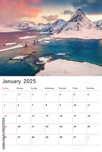Obraz na płótnie Set of vertical flip calendars with wonderful landscapes. January 2025. Amazing view of Lofoten Islands. Colorful winter sunrise on Fredvang bridge and Volandstind peak on backgroundNorway, Europe. w salonie