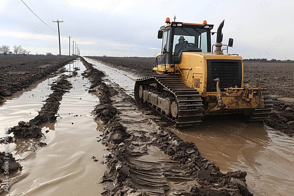 Heavy Machinery Plowing Through Muddy Road in Rural Landscape - Agricultural and Construction Equipment Heavy Machinery Plowing Through Muddy Road in Rural Landscape - Agricultural and Construction Equipment