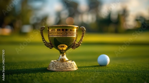 golden award cup and golf ball on course court  photo