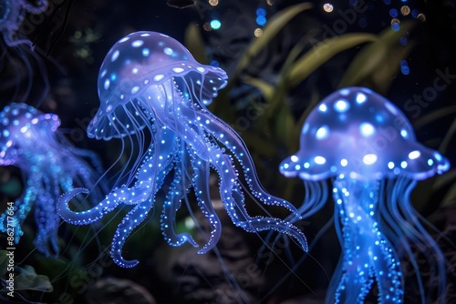 bioluminescent deepsea creatures in an otherworldly underwater tableau jellyfish with fiber optic tentacles anglerfish with led lures and translucent cephalopods emitting ethereal light photo