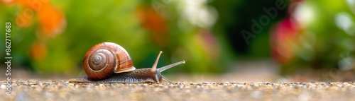 close-up of a snail crawling on a stone pathway with a blurry green background.