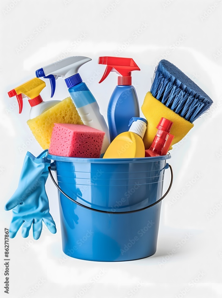 Blue bucket filled sponges spray glaves white background Cleaning Supplies Concept Blue bucket filled sponges spray glaves white background Cleaning Supplies Concept