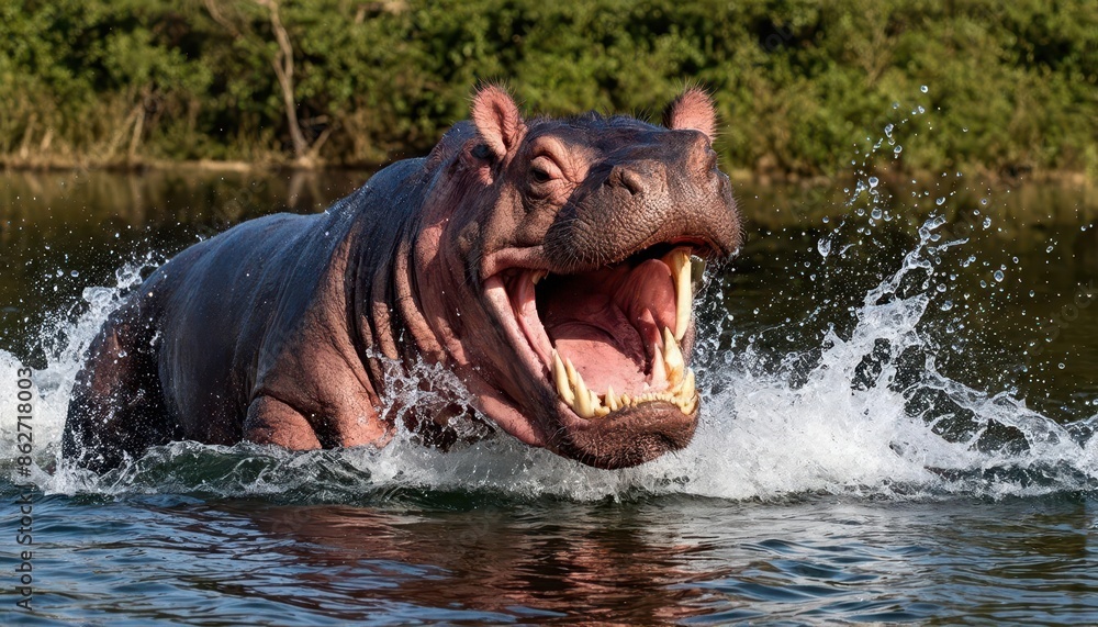 Fototapeta premium Hippopotamus in Action: A Close-up View of a Hippo Swimming in a River