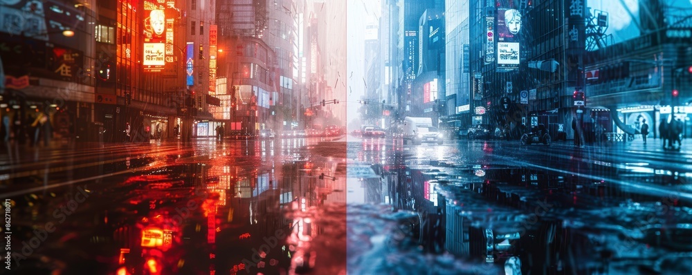 A split-screen effect with two contrasting colors, each side reflecting a different aspect of a futuristic environment with cyberpunk aesthetics A split-screen effect with two contrasting colors, each side reflecting a different aspect of a futuristic environment with cyberpunk aesthetics