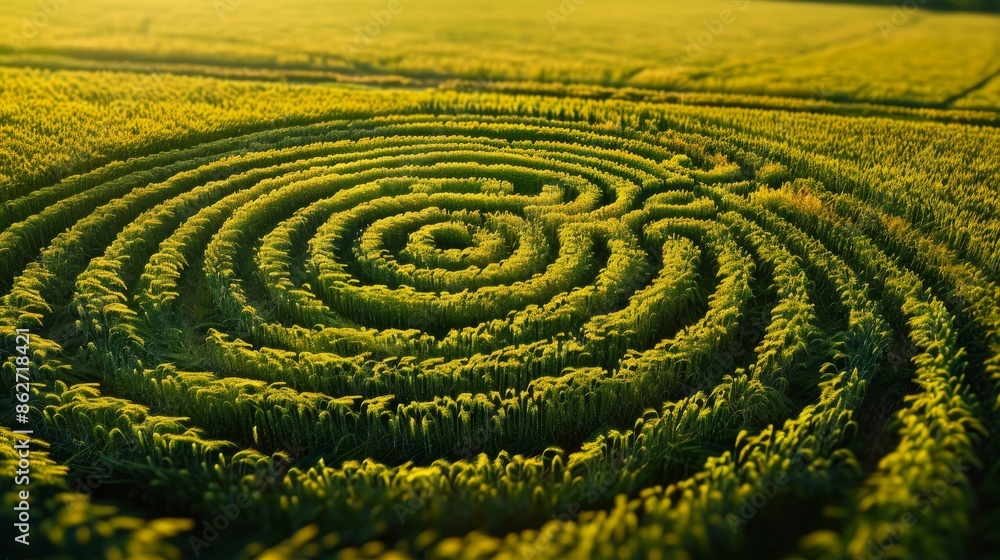 A green-yellow crop circle with geometric patterns and a close-up of wheat ears. A green-yellow crop circle with geometric patterns and a close-up of wheat ears.
