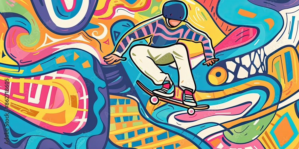 Fototapeta premium Colorful Skateboarder in an Urban Landscape
