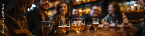 Whiskey Tasting Party, Cheers with Whiskey Glasses in a Themed Bar, Generated by AI.