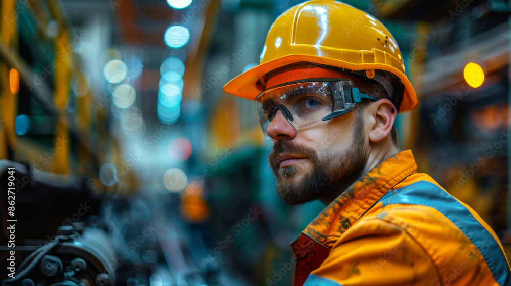 Male worker in safety gear, including helmet and glasses, focused on his task in an industrial environment. Male worker in safety gear, including helmet and glasses, focused on his task in an industrial environment.