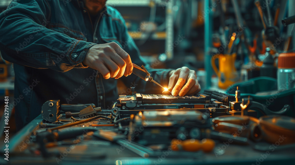 Close-up of a technician soldering electronic components on a circuit board in a cluttered workshop. Close-up of a technician soldering electronic components on a circuit board in a cluttered workshop.