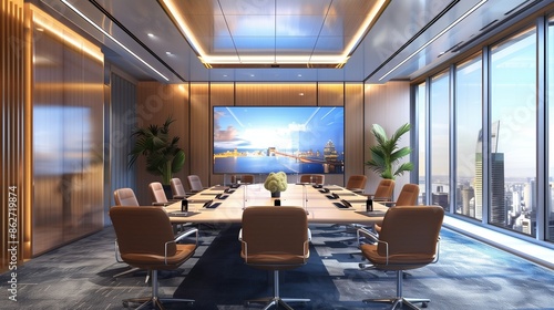 High-definition photo of a modern conference room with a large screen displaying a video conference.