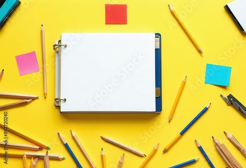 Organized Notebook with Pencils and Colorful Post-it Notes on a Yellow Background photo
