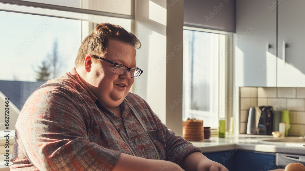 A fat young man with excess weight problems, overweight, prepares food in the kitchen near the window. A fat young man with excess weight problems, overweight, prepares food in the kitchen near the window.