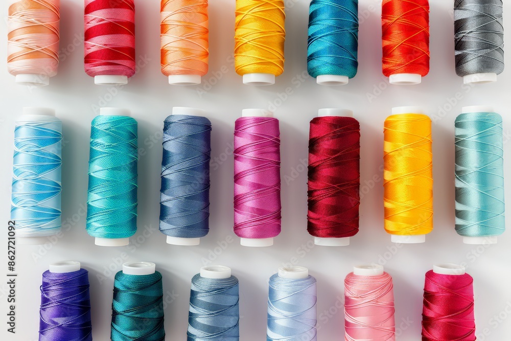 Neatly Arranged Colorful Sewing Threads on White Background Neatly Arranged Colorful Sewing Threads on White Background