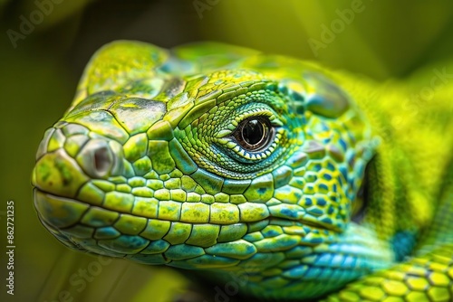 closeup portrait of a vibrant green lizard showcasing its intricate scales and alert eyes the image captures the reptiles unique beauty and prehistoric charm © furyon